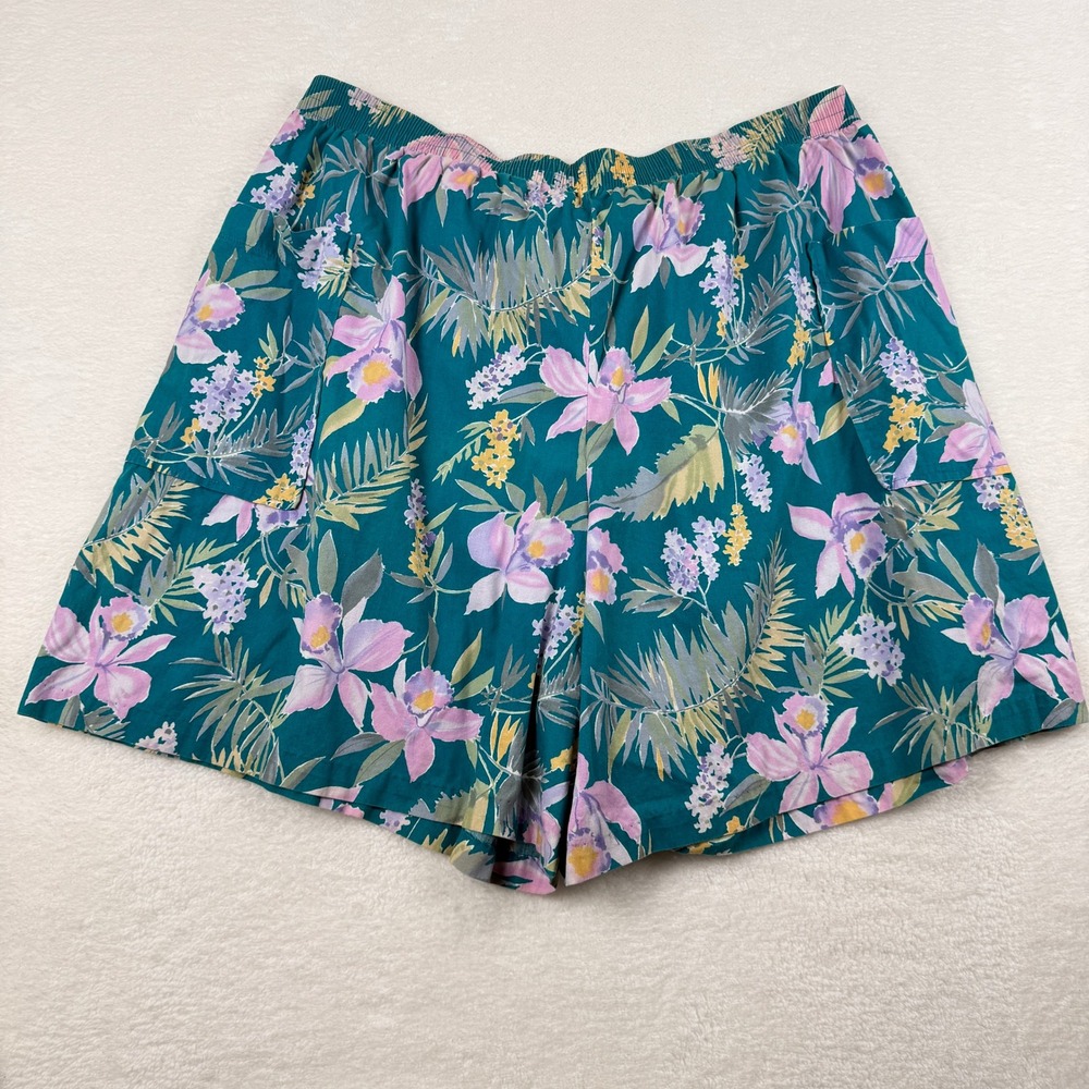 Vintage Hilo Hattie Floral Shorts Women 3XL Teal Tropical Coastal